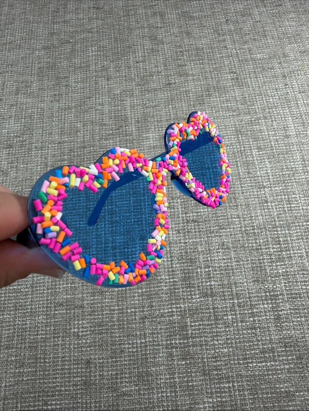 Heart-Shaped Blue Lens Sunglasses with Colorful Bead Trim sprinkles 90’s Y2K